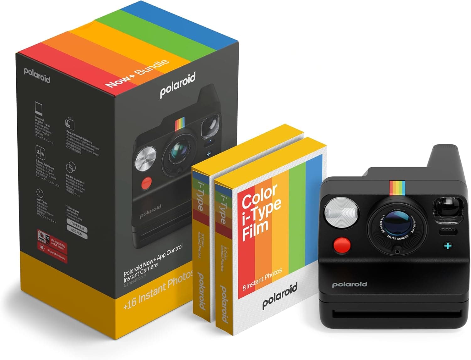 La Polaroid Now+ Gen 3 en negro con el soporte de trípode visible