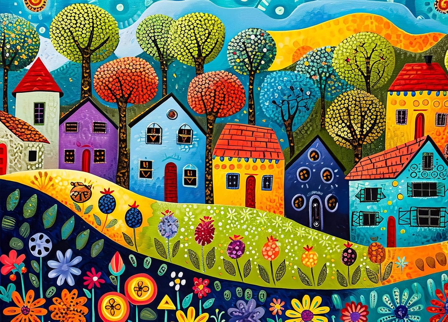 Ilustración de estilo naif con un pueblo de casas de colores entre árboles, sobre una colina de flores