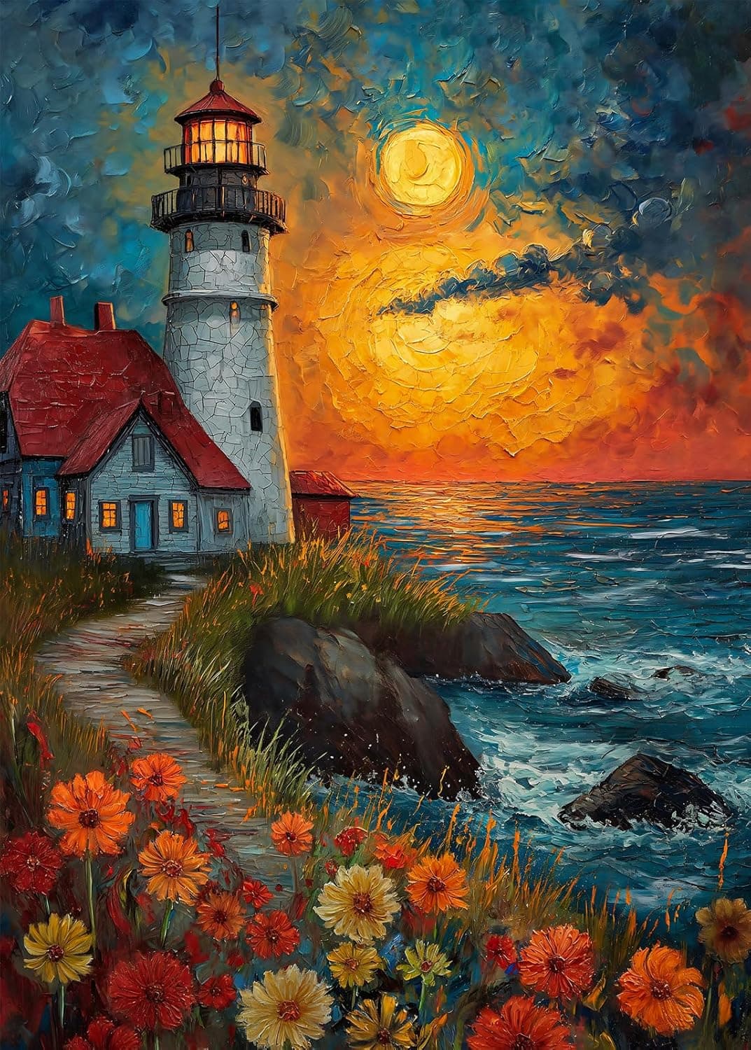 Faro blanco y rojo sobre un acantilado, con cielo anaranjado al anochecer y flores silvestres en primer plano