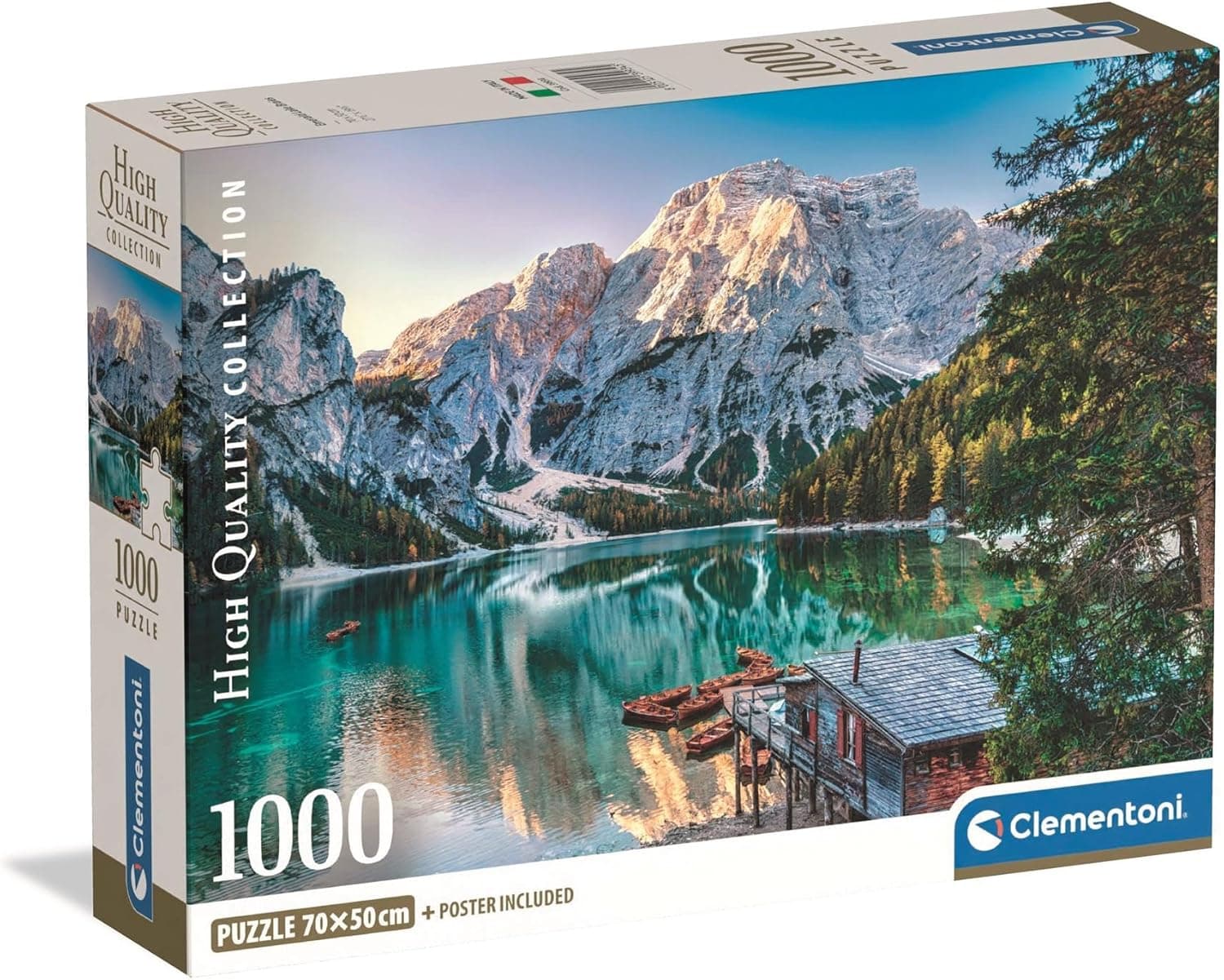 Caja del puzzle del lago de Braies de Clementoni con el agua turquesa y las montañas de los Dolomitas al fondo