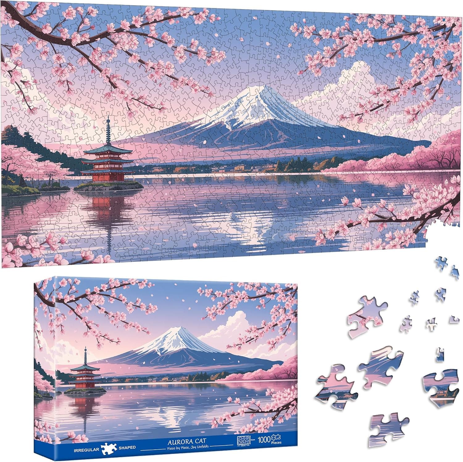 El monte Fuji nevado entre ramas de cerezo en flor, con una pagoda roja junto al lago y su reflejo en el agua