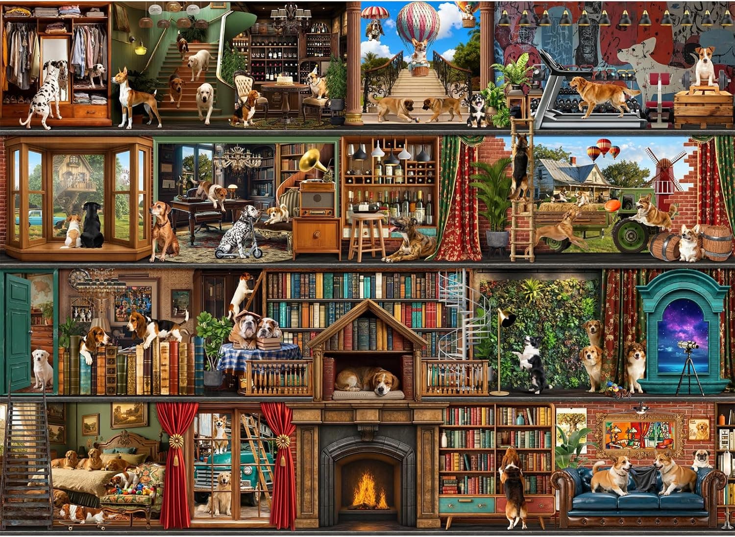 Estantería con más de una decena de escenas distintas protagonizadas por perros: vestidor, bodega, gimnasio, granja, biblioteca, dormitorio y salón con chimenea