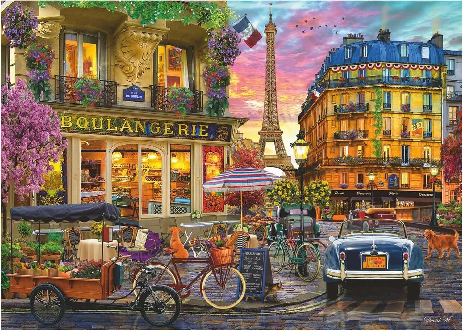 Puzzle montado de una calle de París con una boulangerie y la torre Eiffel al atardecer