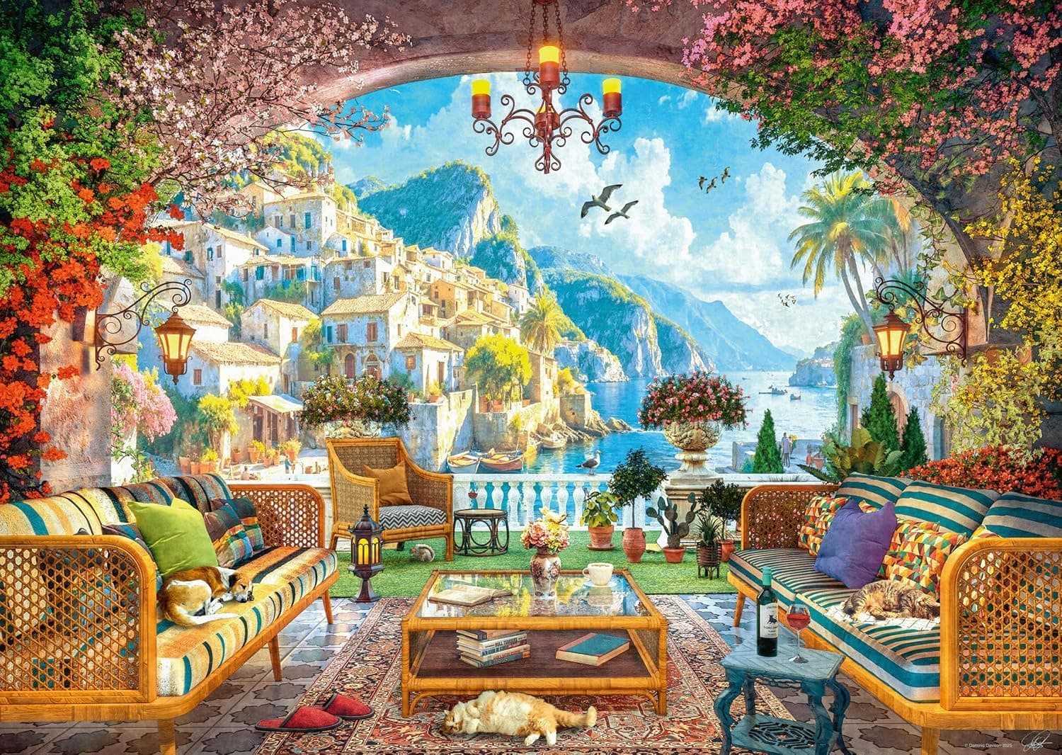 Terraza con arco de piedra, palmera y muebles de mimbre, con un pueblo blanco de costa asomando al fondo