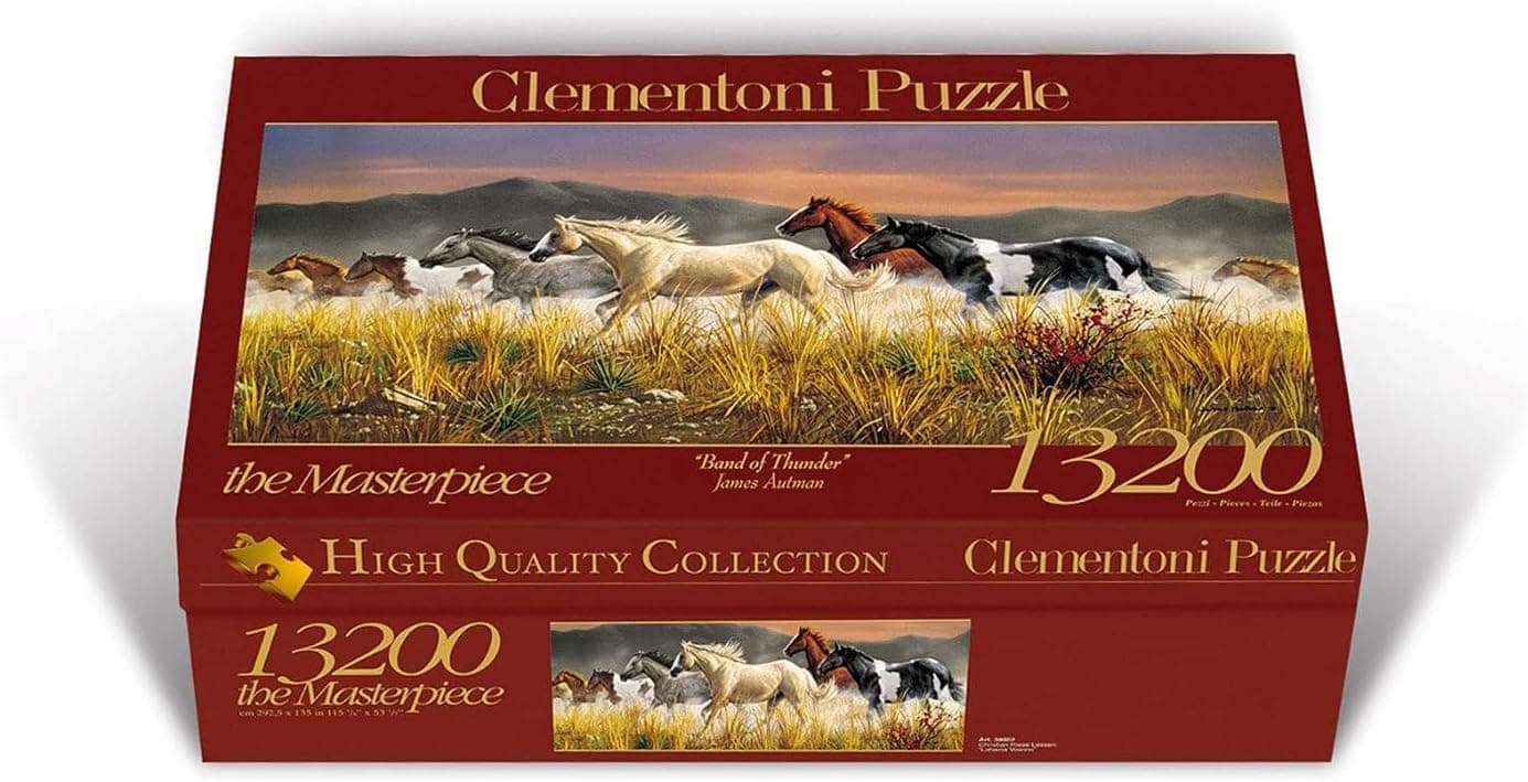 Caja del puzzle Clementoni de 13.200 piezas con una manada de caballos salvajes al galope entre la hierba alta al atardecer