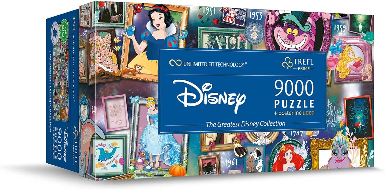 Caja del puzzle Trefl de 9000 piezas con un collage de personajes clásicos de los cuentos Disney