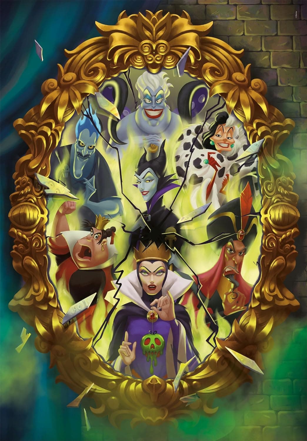 La ilustración del puzzle: un espejo de marco dorado agrietado con Maléfica, Úrsula, Cruella de Vil, Hades, Jafar y la Reina Malvada asomando entre las grietas