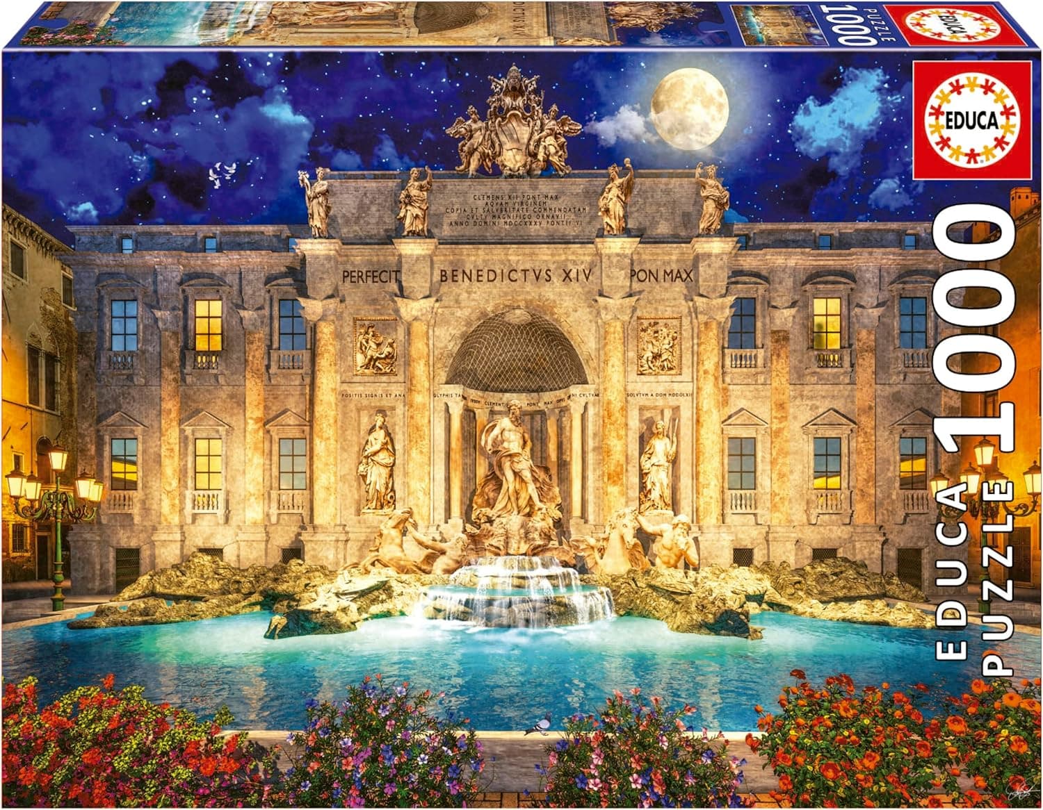 Puzzle montado de la Fontana di Trevi iluminada bajo un cielo nocturno con luna llena