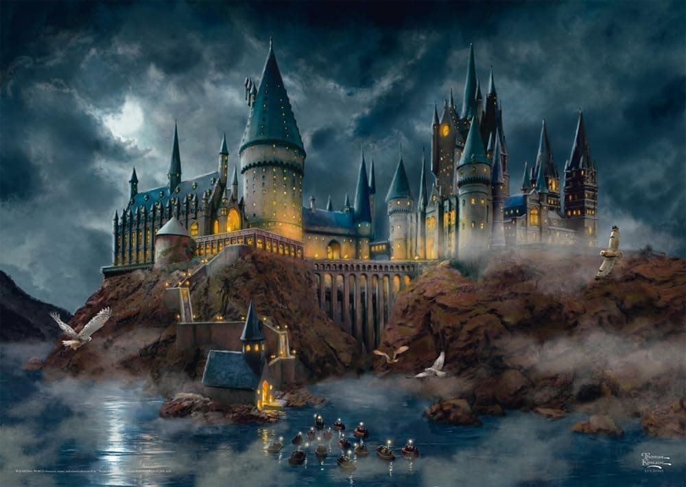 Puzzle del castillo de Hogwarts iluminado al atardecer según la pintura de Thomas Kinkade