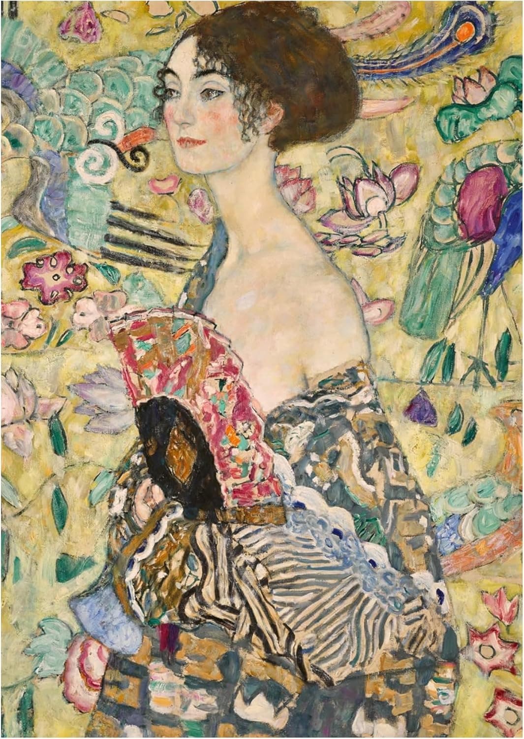 Puzzle montado con la Dama con abanico de Klimt, de fondo amarillo y motivos orientales