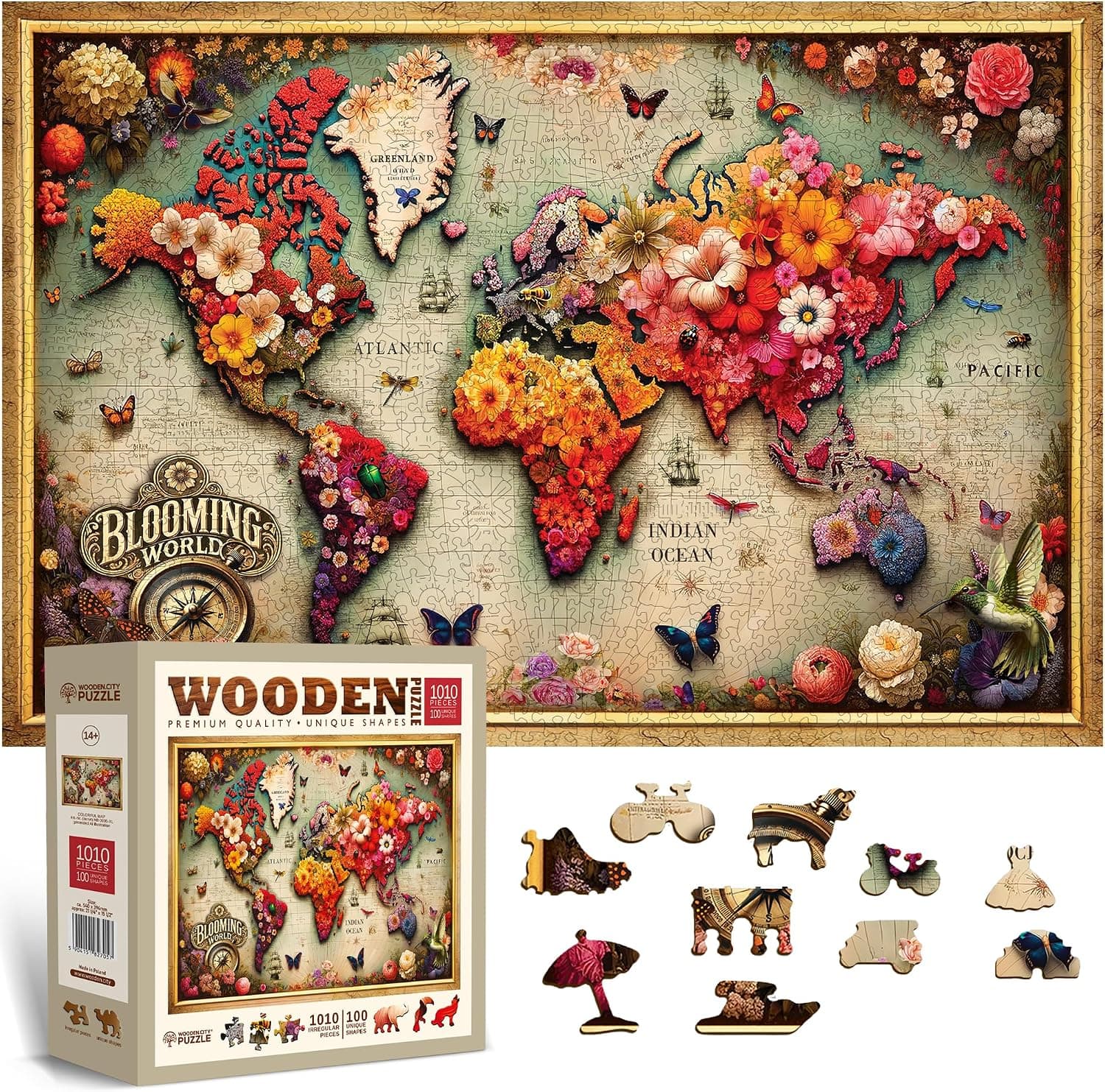 Puzzle de madera montado con un mapamundi hecho de flores de colores