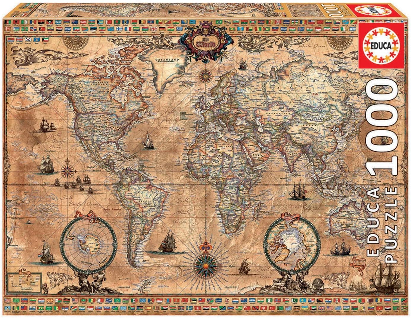 Puzzle montado de un mapamundi de estilo antiguo con banderas en los márgenes