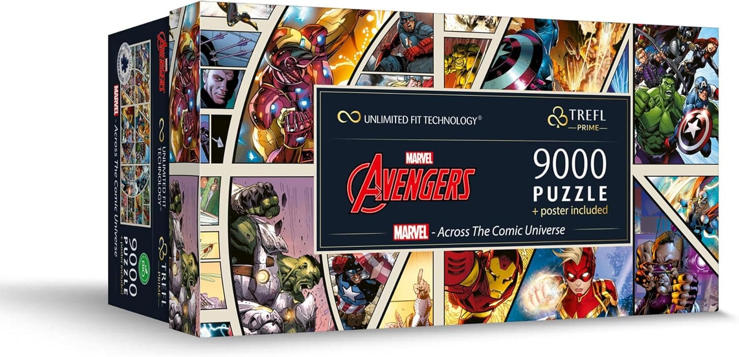 Caja del puzzle Trefl de 9000 piezas con un collage de los Vengadores y decenas de personajes del universo Marvel