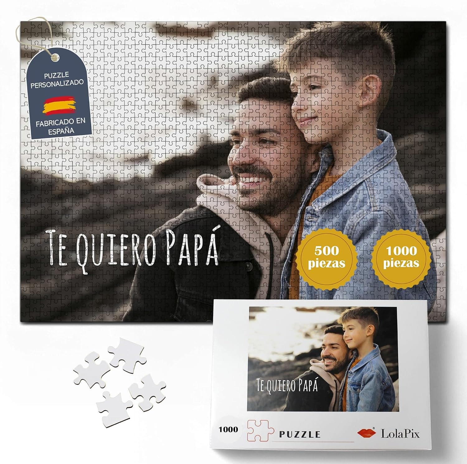 Puzzle personalizado con una foto de padre e hijo y el texto "te quiero papá" bordado en la parte inferior, con las opciones de 500 y 1000 piezas marcadas