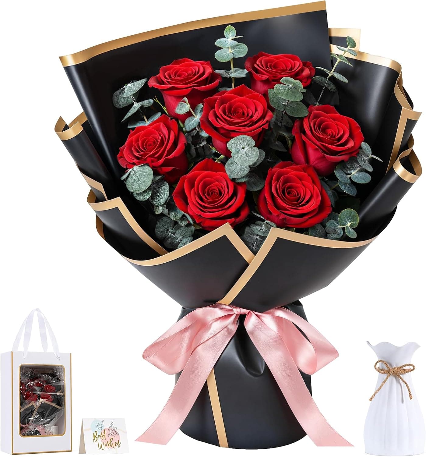Ramo de 7 rosas eternas Lewondr con jarrón