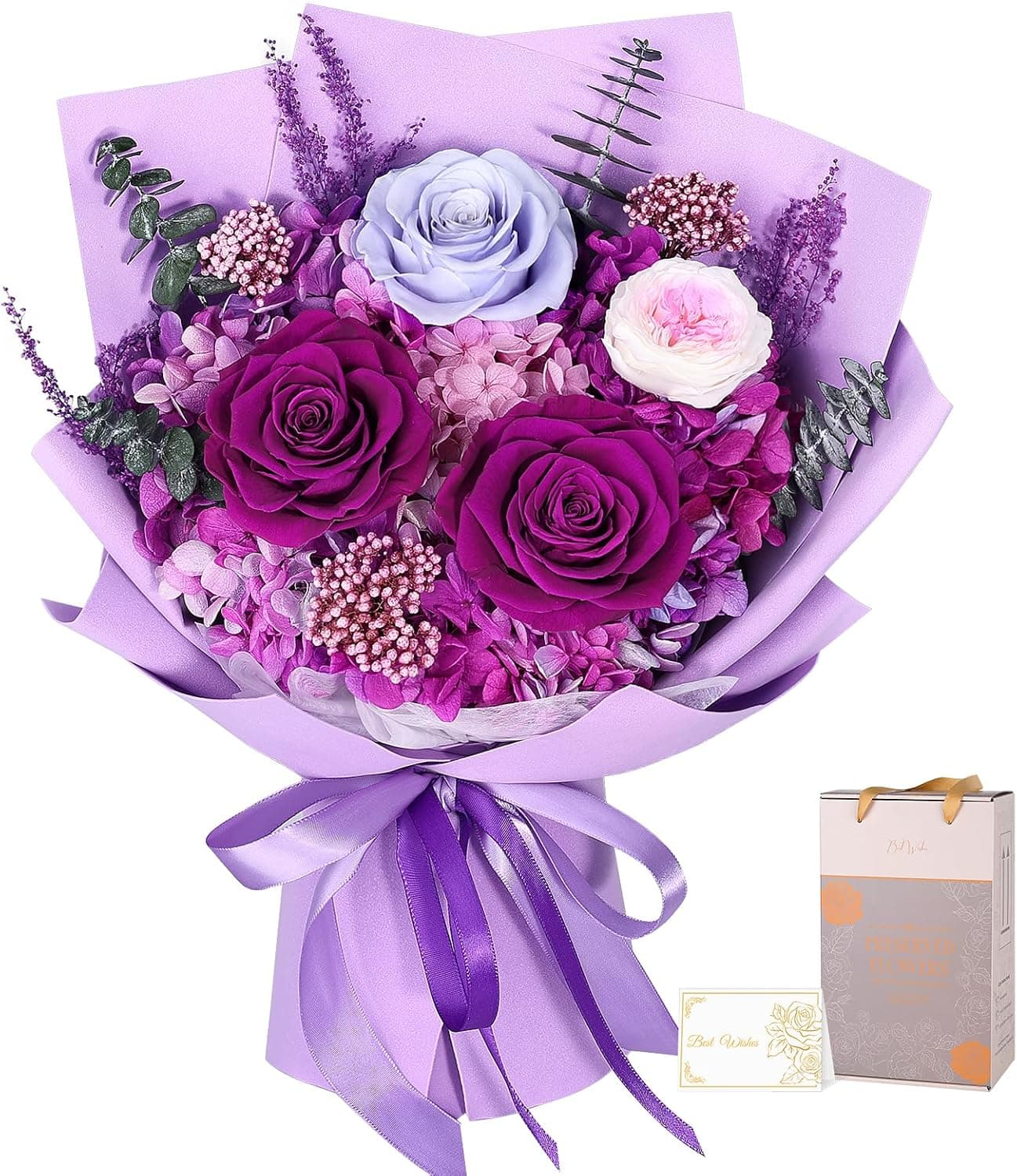Ramo de rosas eternas moradas en caja de regalo