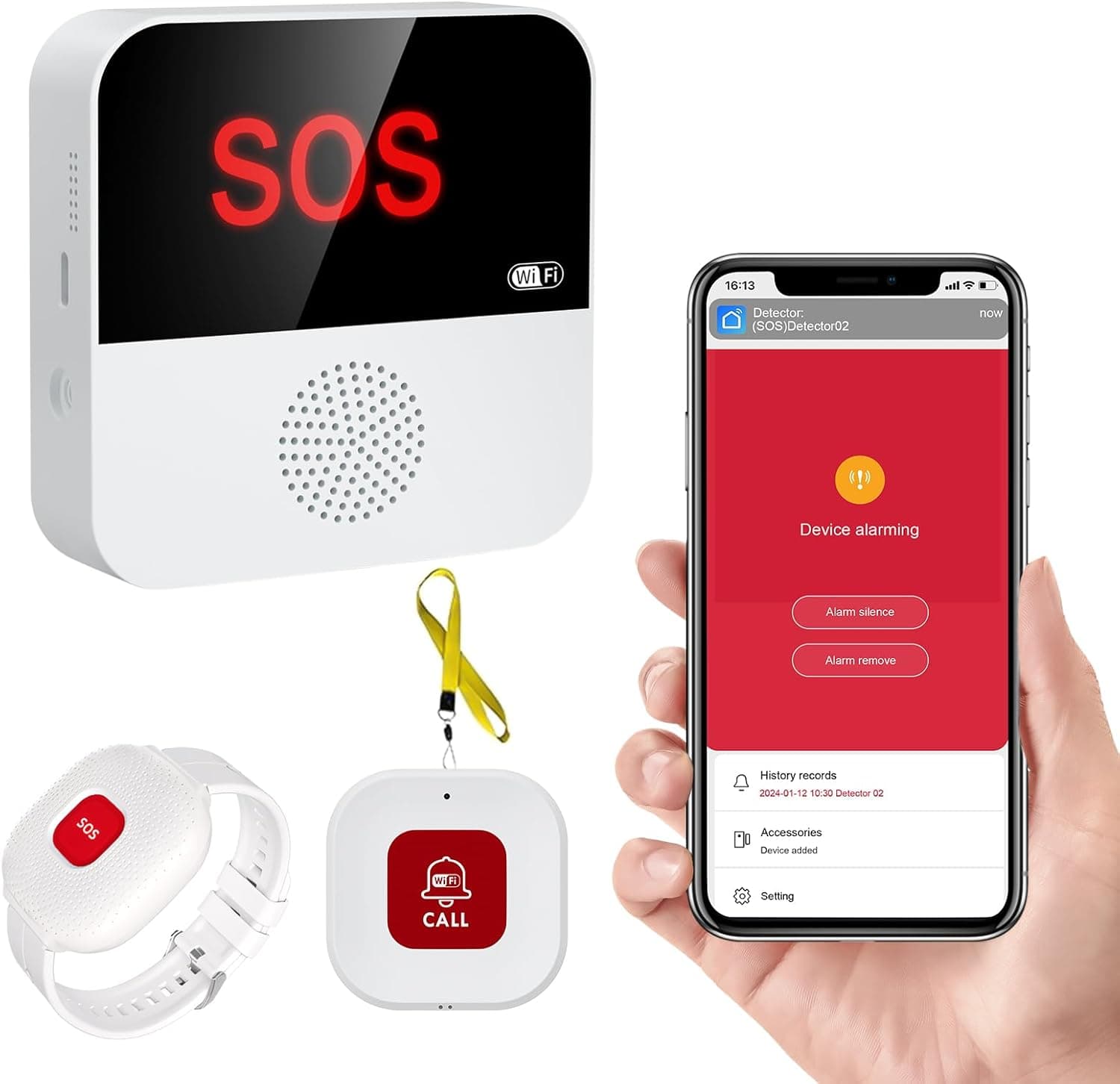 Pulsera con botón SOS y su receptor conectado por WiFi