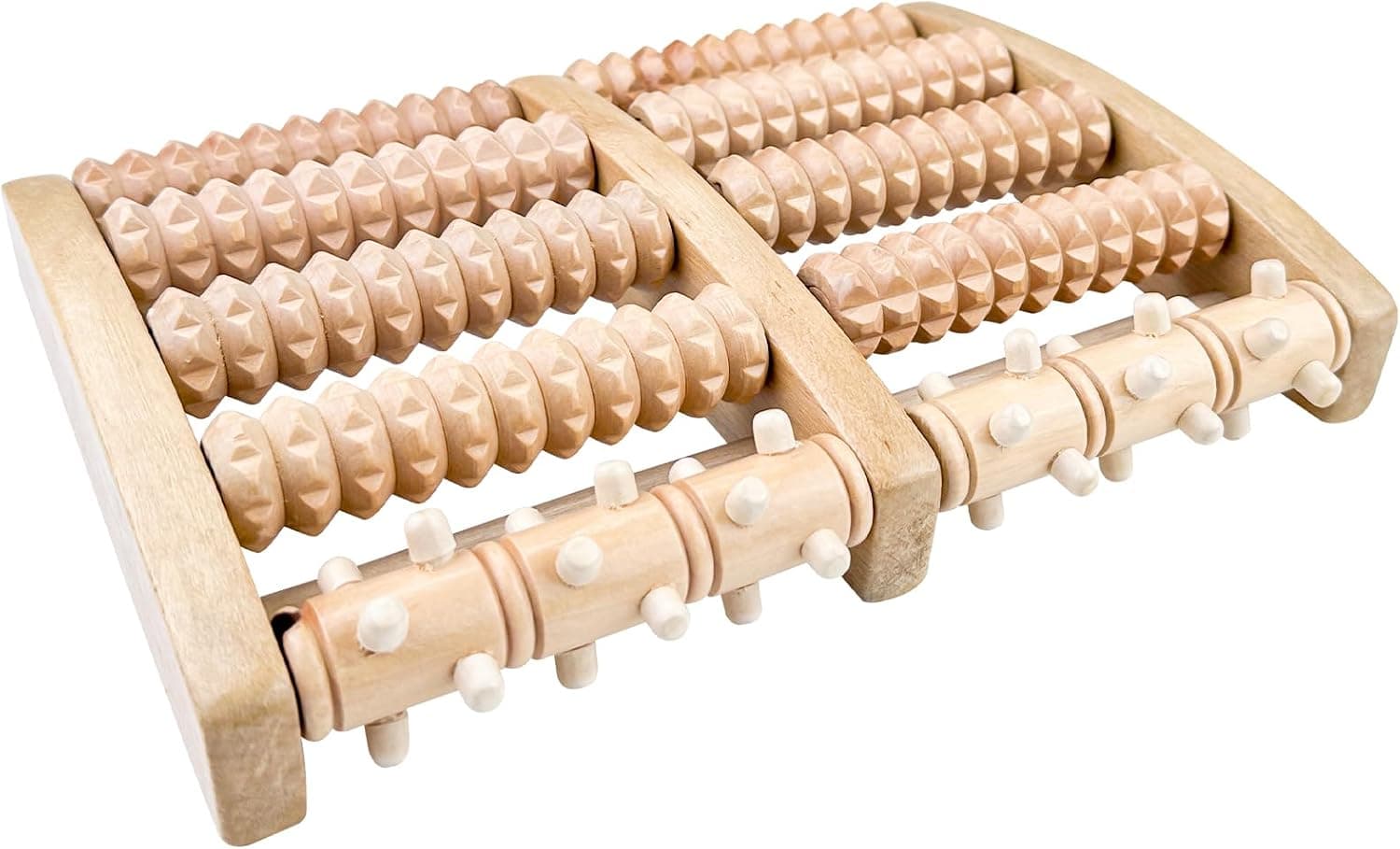 Rodillo de madera clara con cinco filas dobles de rodillos torneados sobre un bastidor