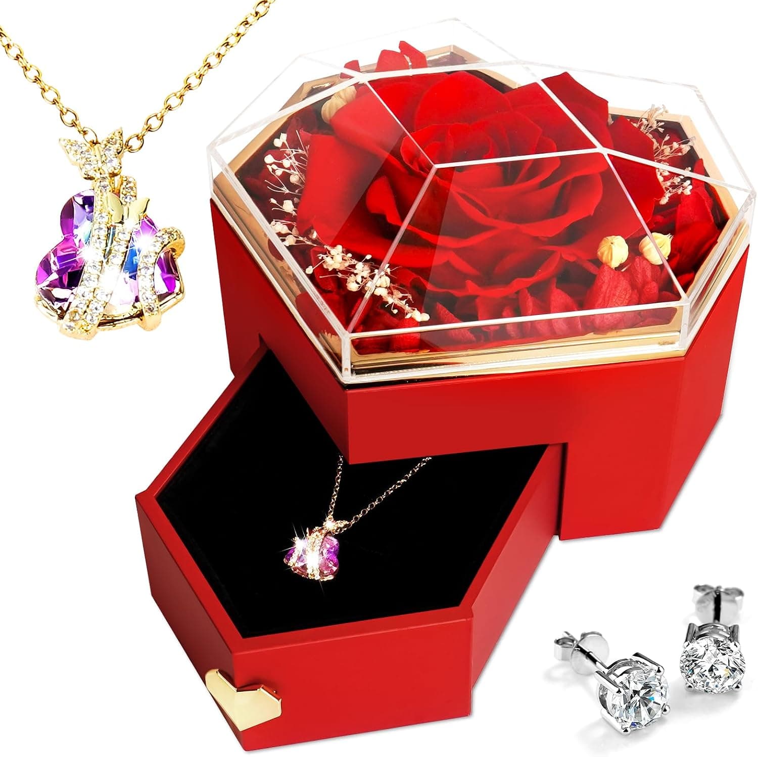 Rosa eterna artesanal con collar y pendientes a juego