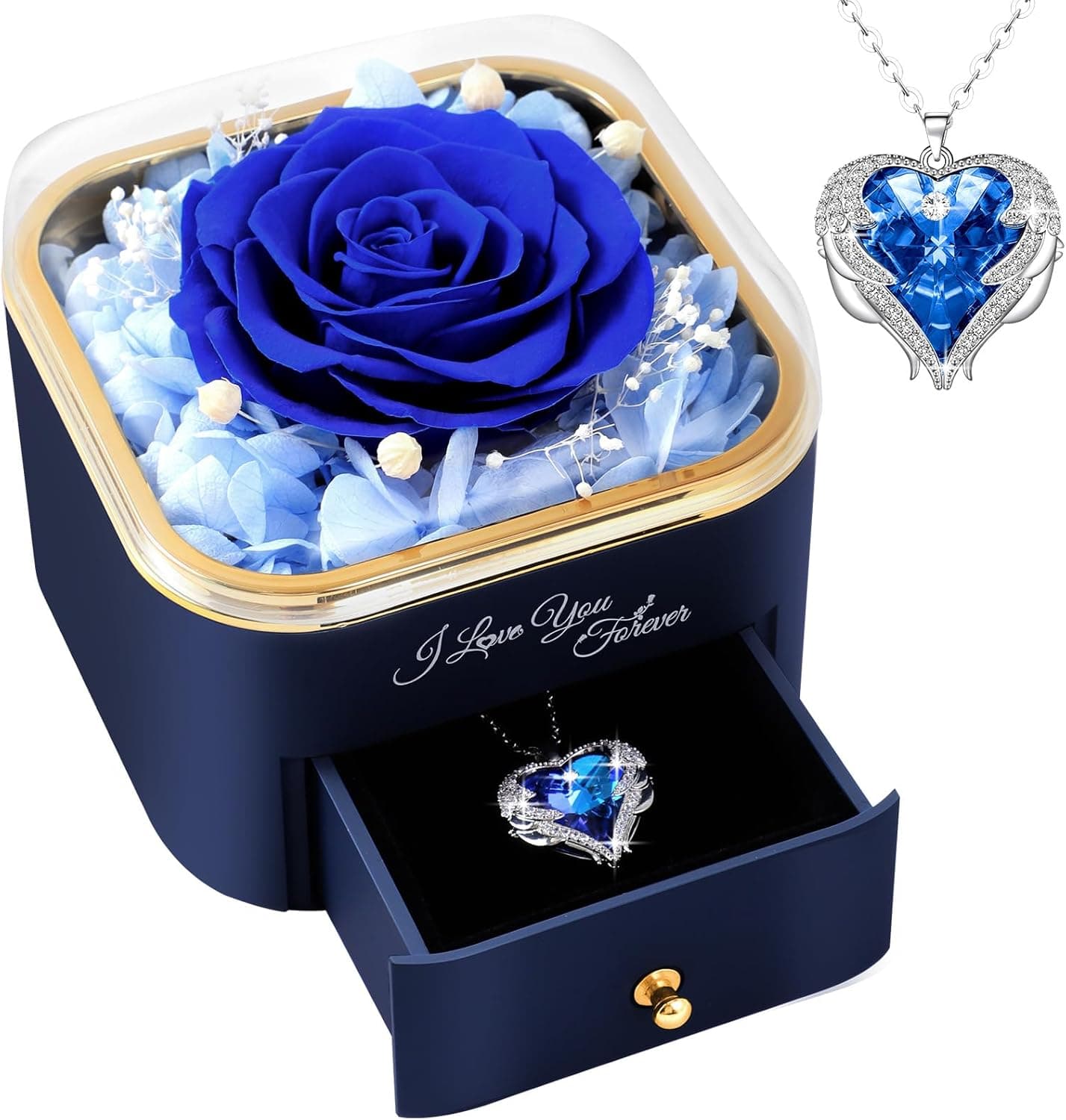Rosa eterna azul con collar de corazón y pedrería