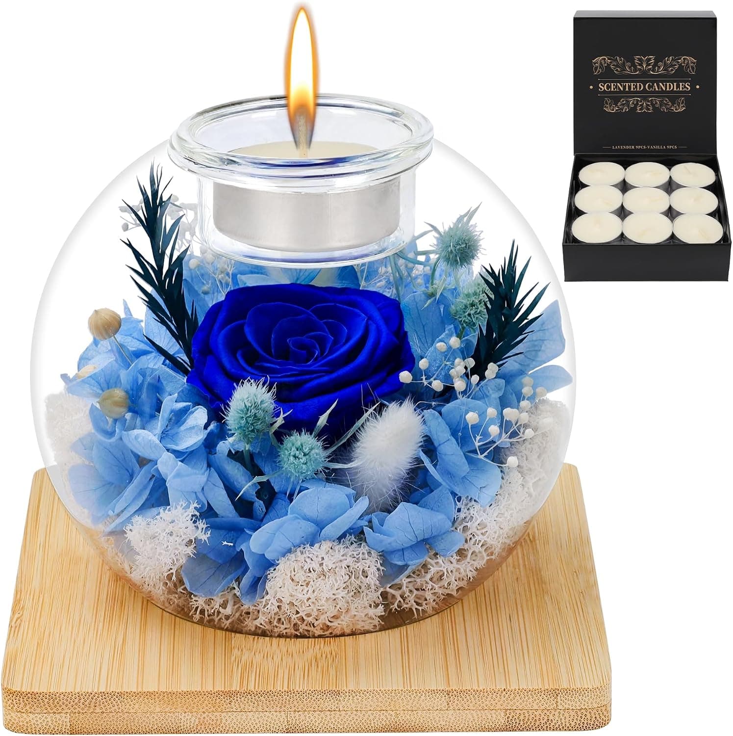 Rosa eterna azul en cristal con set de velas, MestectPET