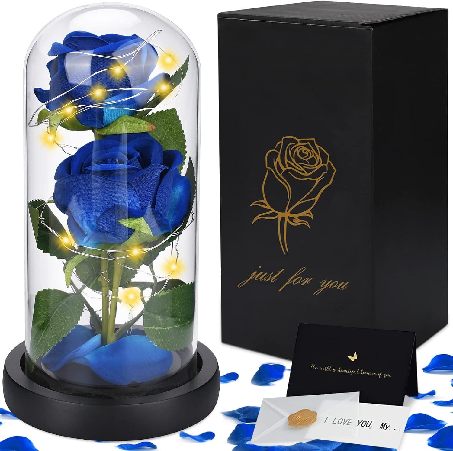 Rosa eterna azul estilo Bella y Bestia, cúpula de cristal