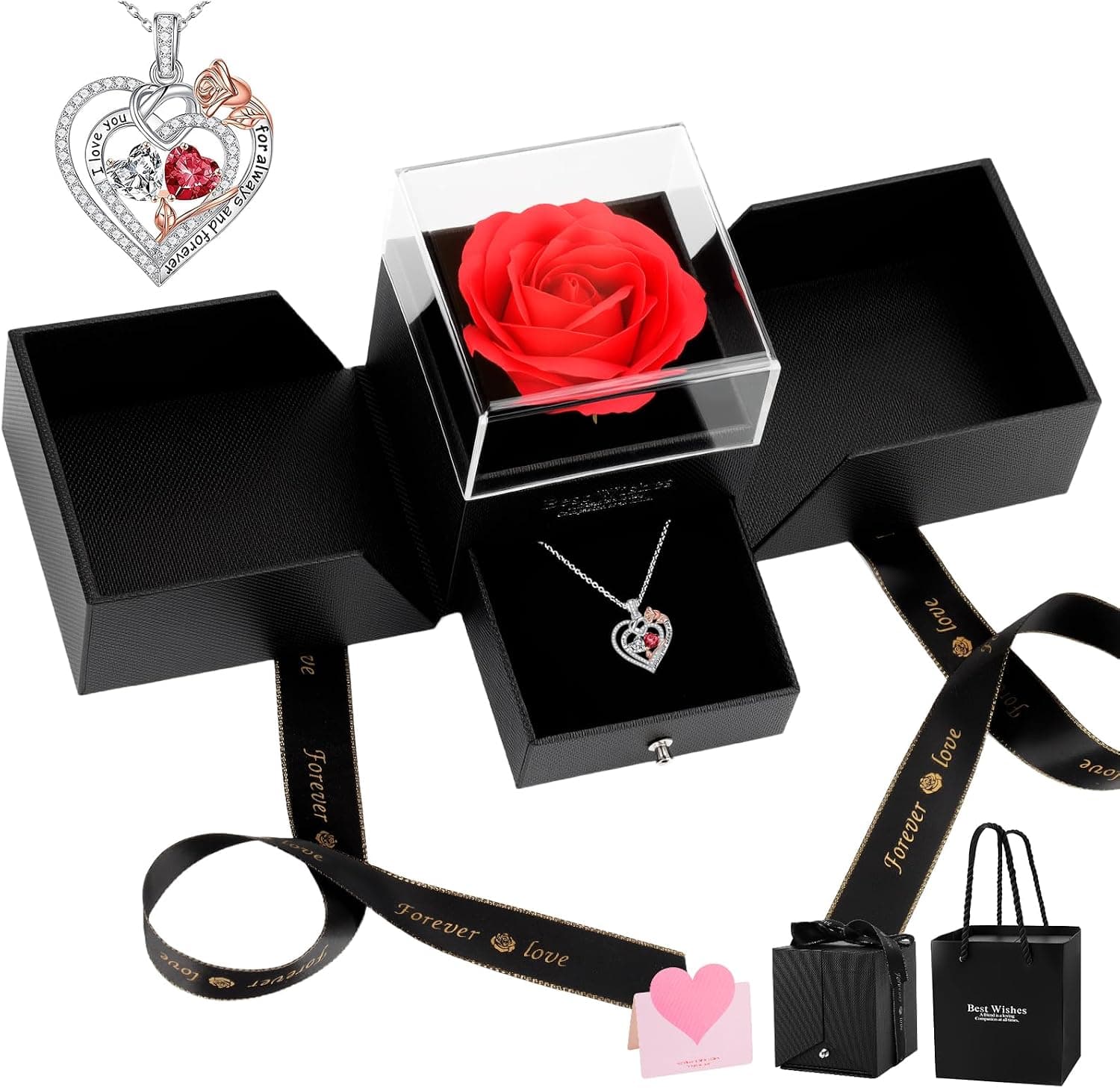 Rosa eterna con collar en caja corazón, San Valentín