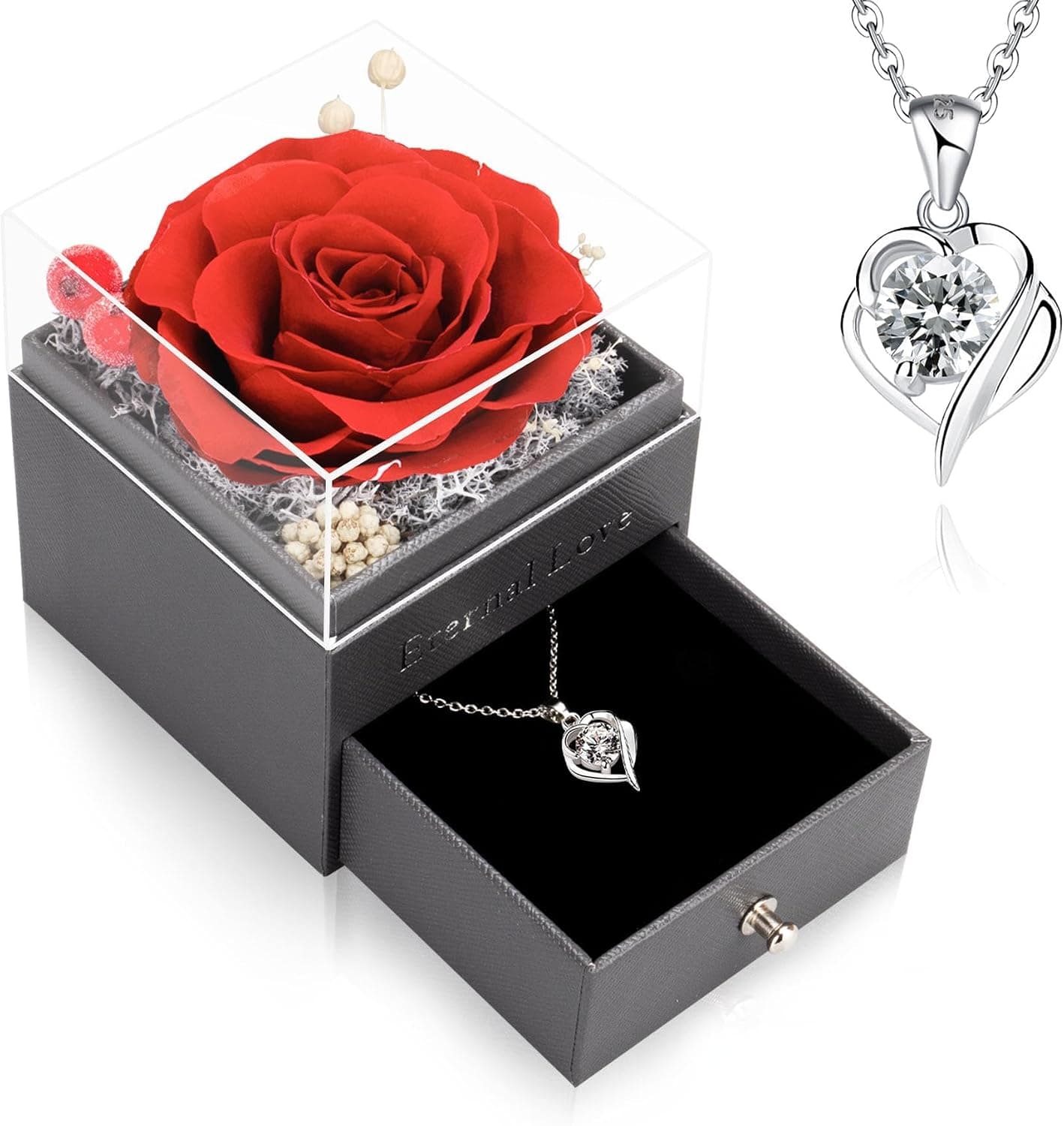 Rosa eterna en caja de regalo con collar de plata