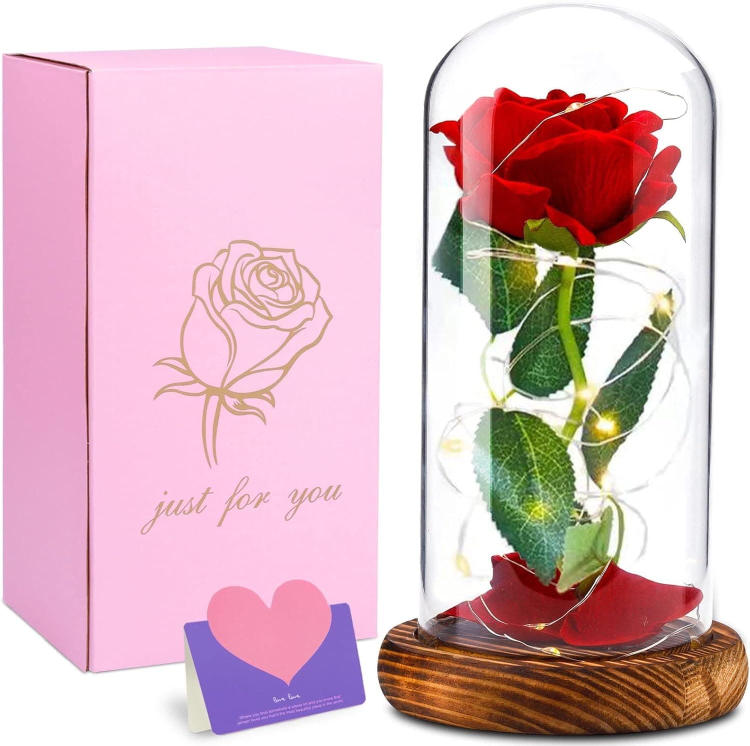 Rosa eterna en cristal con luz, estilo Bella y Bestia, DEPAR