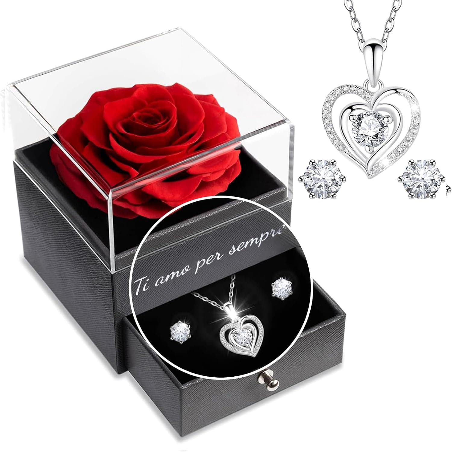 Rosa eterna Yamonic con collar y pendientes de plata 925
