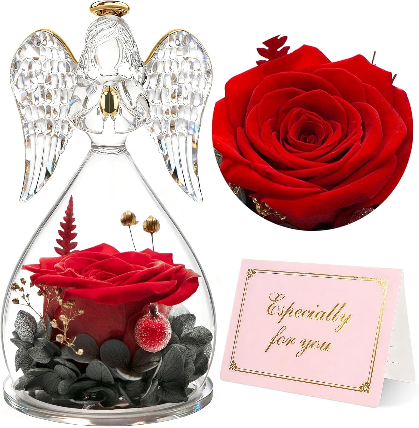 Rosa eterna Yamonic con figura de ángel