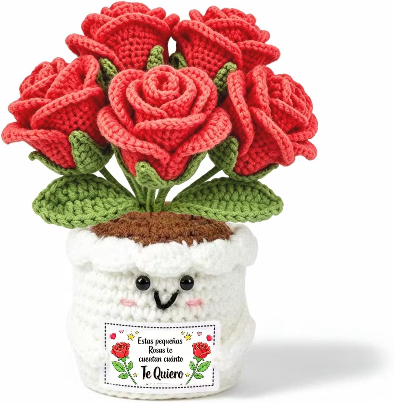 Maceta blanca con cara sonriente y varias rosas rojas de ganchillo con hojas verdes, junto a una tarjeta con el mensaje