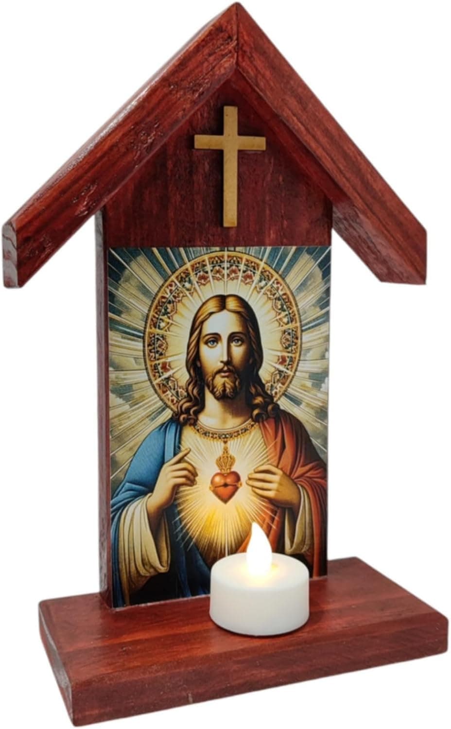 Santuario del Sagrado Corazón de Jesús en madera con la vela LED encendida