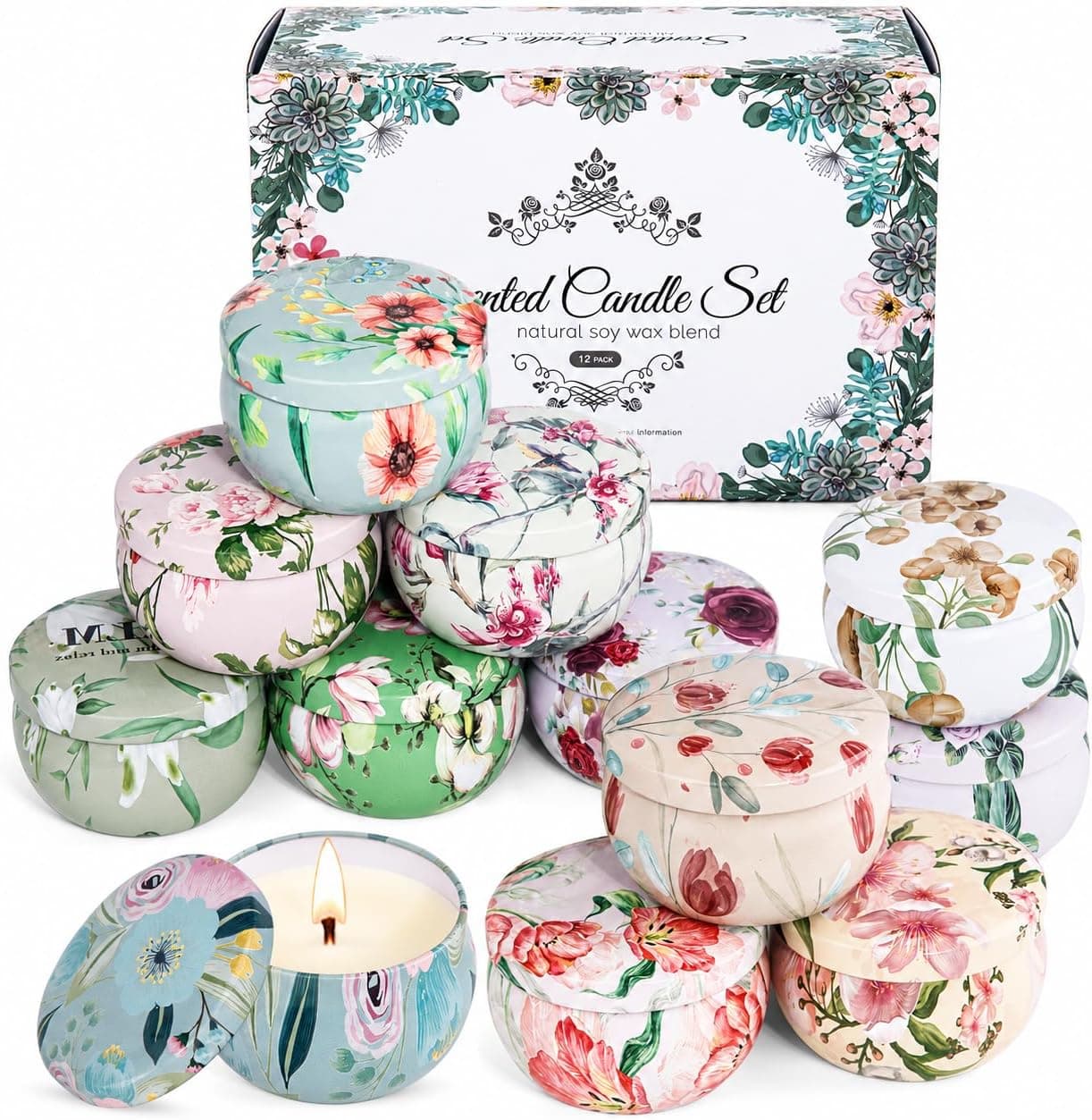 Doce latas de velas aromáticas con diseños florales