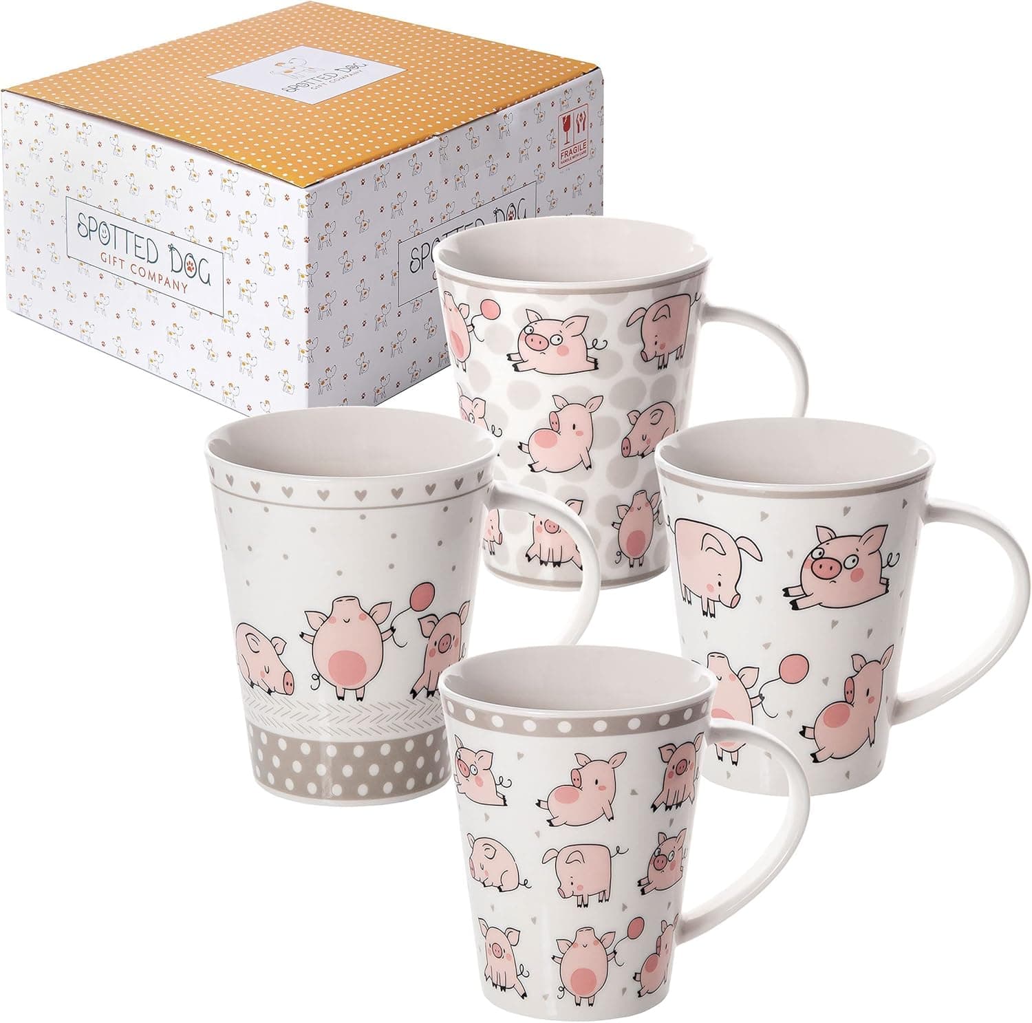 Las cuatro tazas con cerditos rosados jugando con un globo, cada una con un fondo y una escena distinta