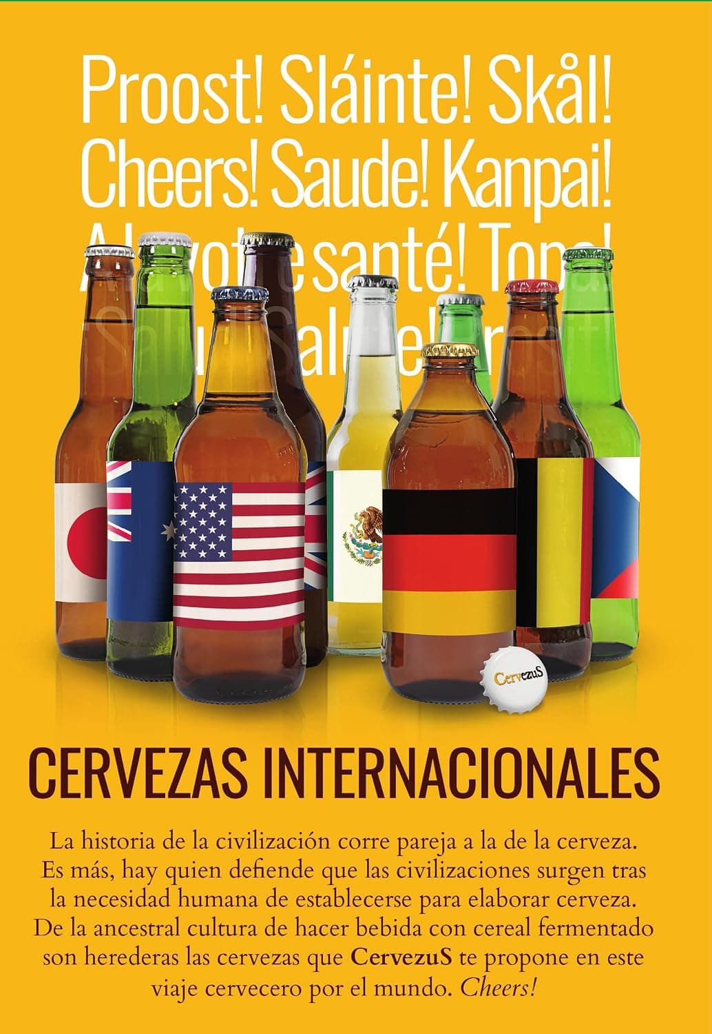 La caja con las diez botellas internacionales delante, entre ellas Corona, Asahi y Blue Moon