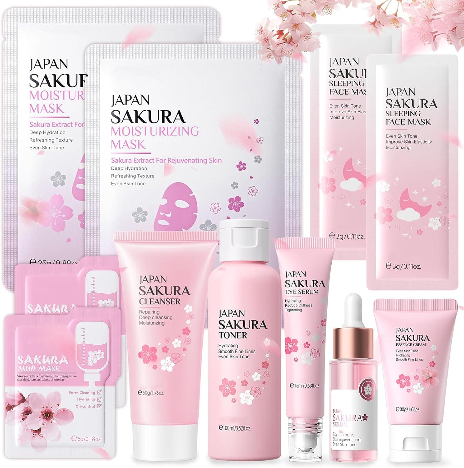 Set de cuidado facial de once piezas con esencia de flor de cerezo