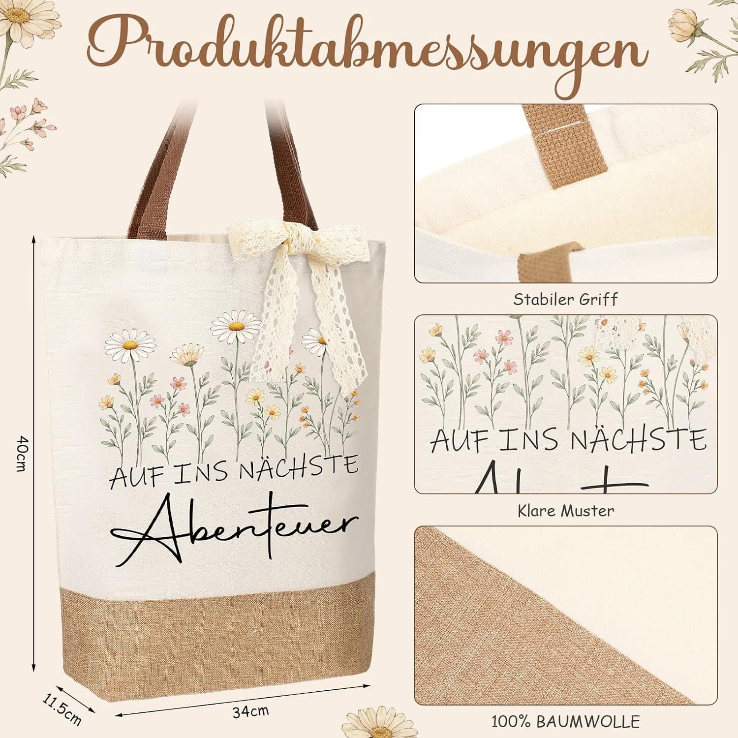 Las ocho piezas del set desplegadas: bolso de tela crema con base de yute y estampado de flores, neceser a juego, vela aromática en tarro ámbar, dos llaveros, una tarjeta con flores secas y una cinta de encaje