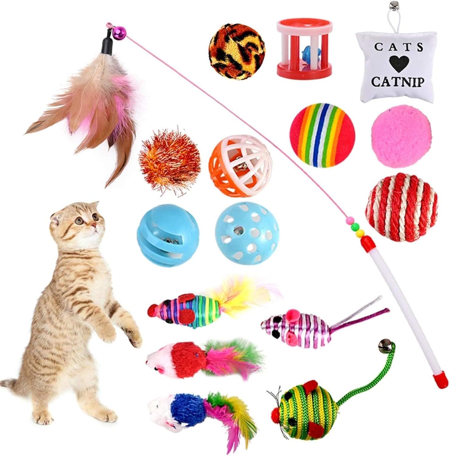 Las dieciséis piezas del set extendidas: la caña con plumas, ratones de colores, pelotas de plástico, de sisal y con cascabel, y el cojín de hierba gatera