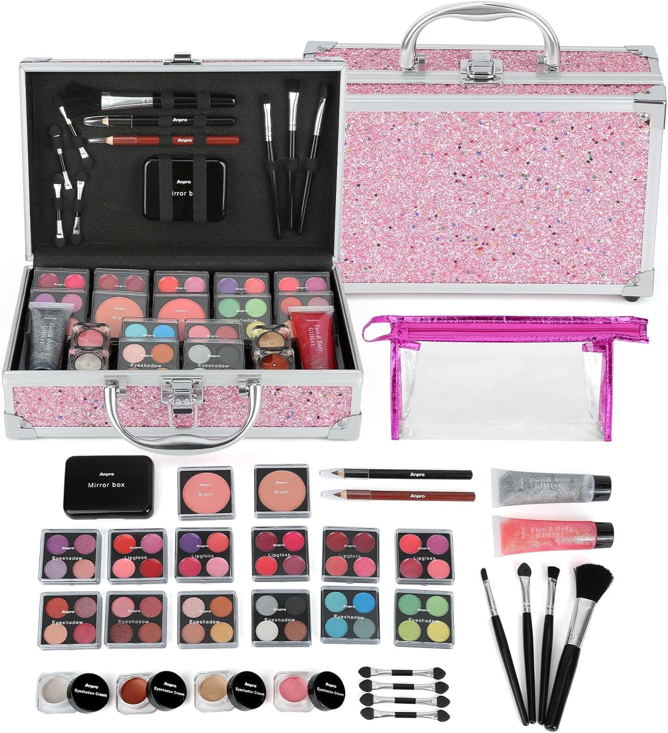 Neceser de maquillaje abierto con las paletas de sombras y los pinceles