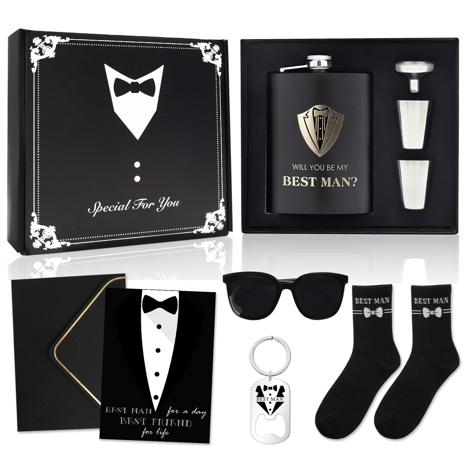 Set de regalo negro para padrino de boda con petaca grabada de acero inoxidable, vasos, embudo, abridor de botellas y calcetines