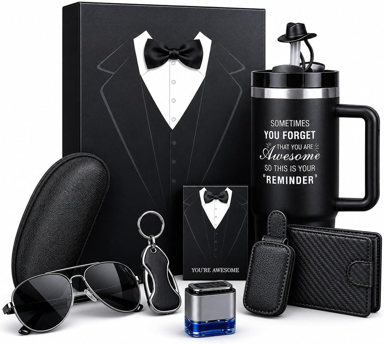 La taza térmica de acero, la cartera, las gafas de sol y los llaveros del set de Creashine en su caja negra