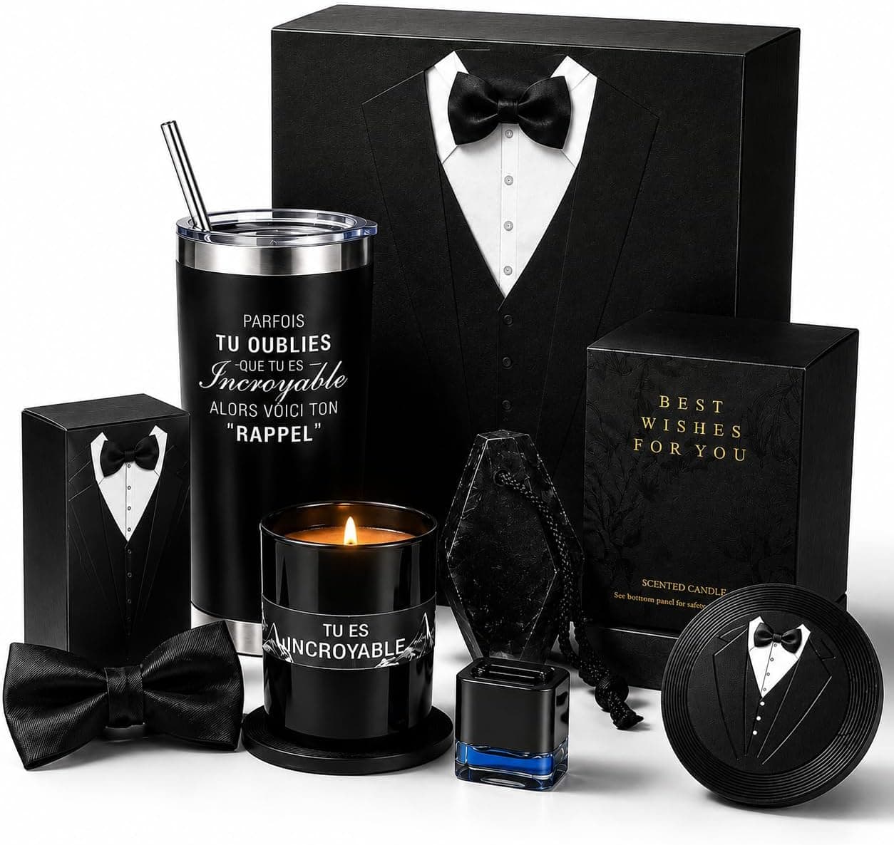 La taza y la vela aromática en frasco del set de Creashine, presentadas en su caja de regalo