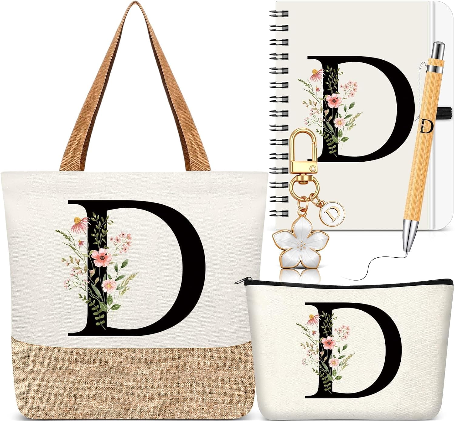 La bolsa tote, el neceser, el llavero, la libreta y el bolígrafo del set con la inicial grabada