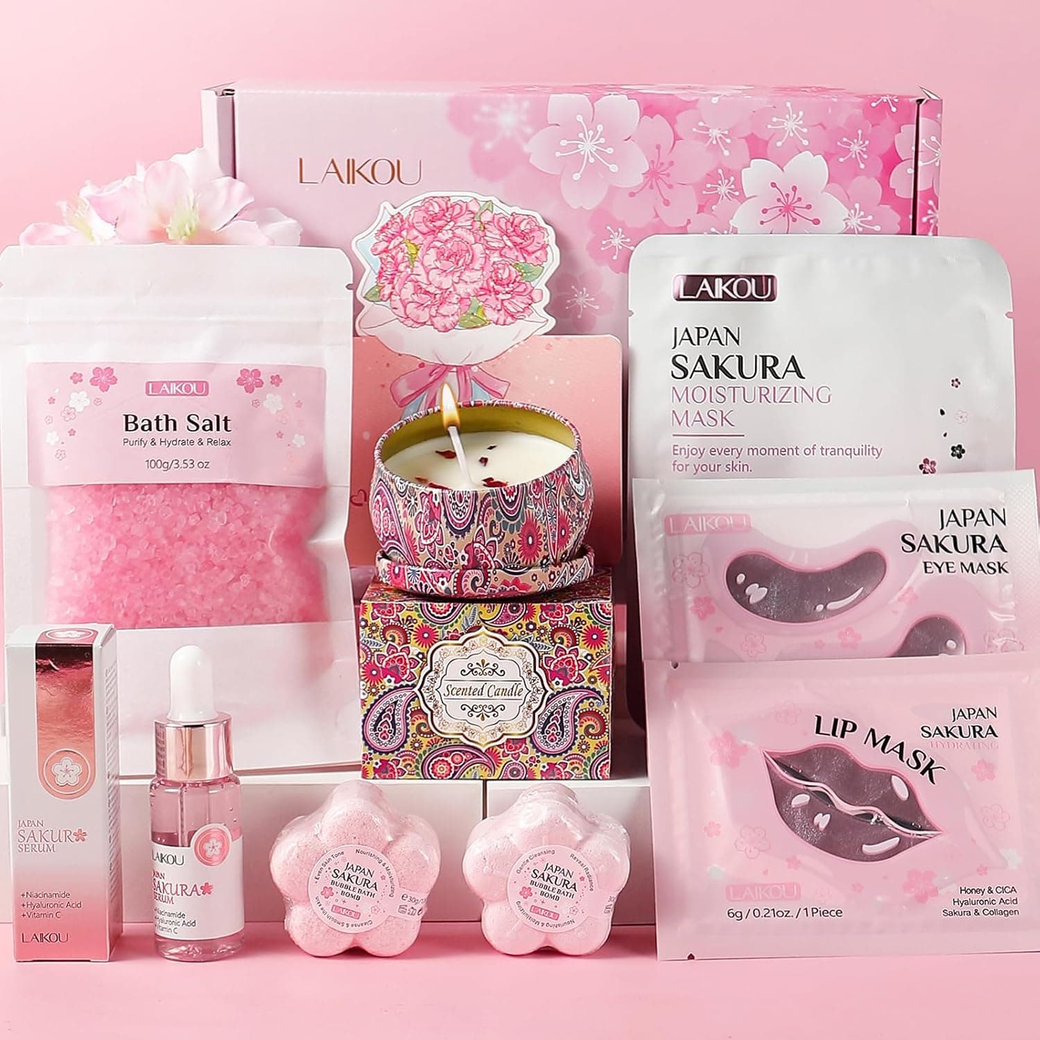 Caja de regalo Sakura con vela, sales de baño, bombas de baño, sérum y mascarillas