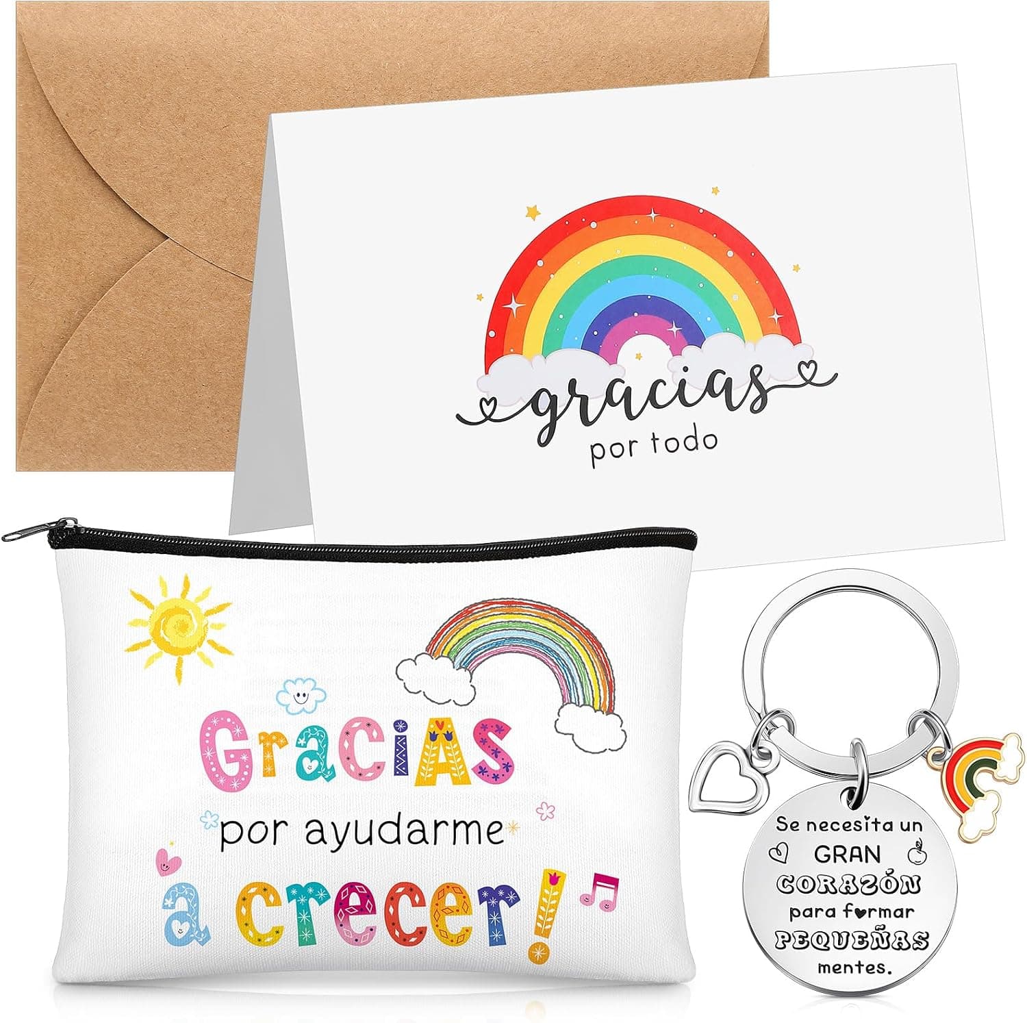 La bolsa de aseo blanca con la frase impresa junto al llavero grabado y la tarjeta con su sobre