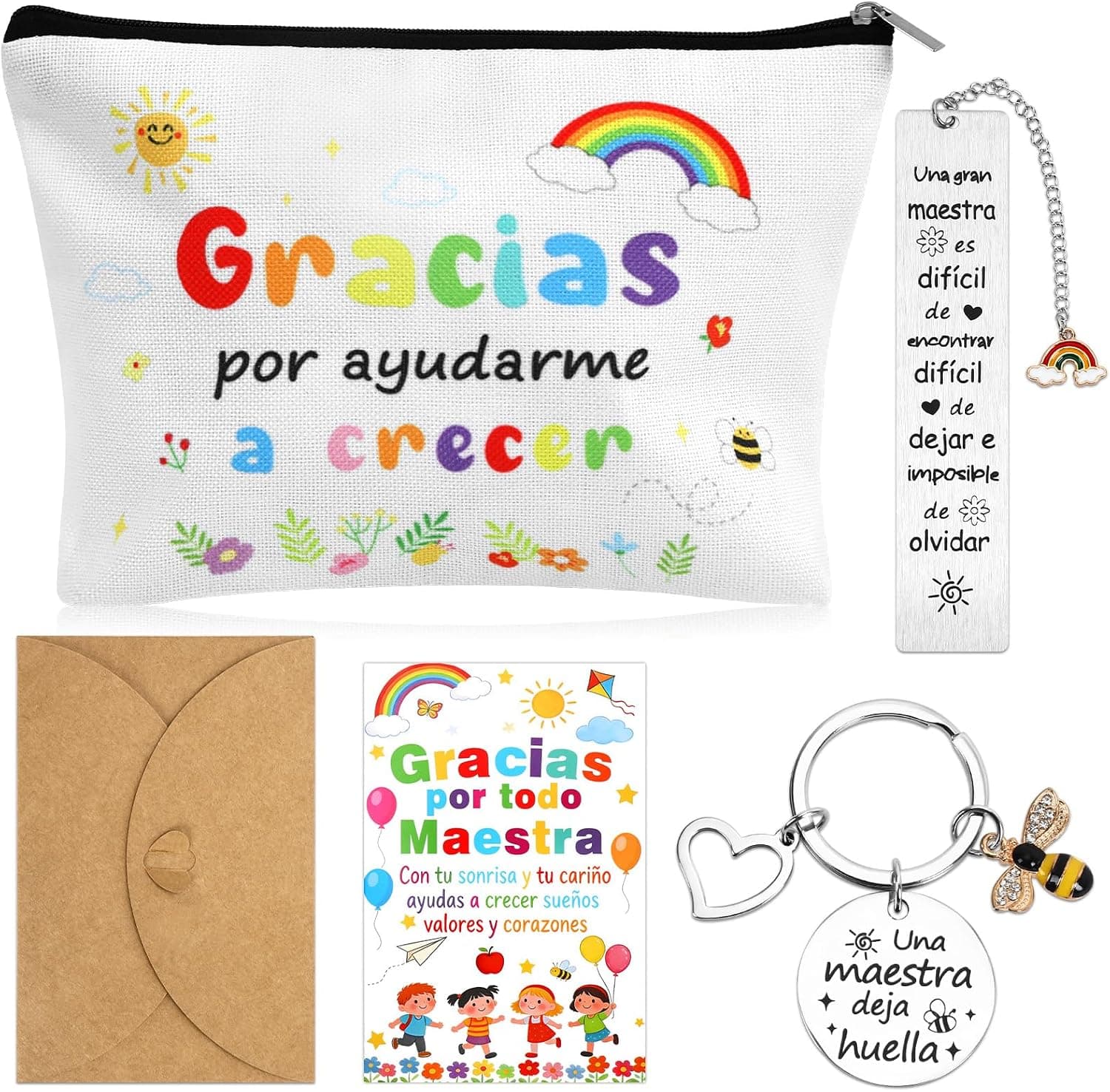 Neceser blanco con el mensaje "Gracias por ayudarme a crecer" junto a un marcapáginas con la frase "Una gran maestra es difícil de encontrar, difícil de dejar e imposible de olvidar" y un llavero con abeja, "Una maestra deja huella"