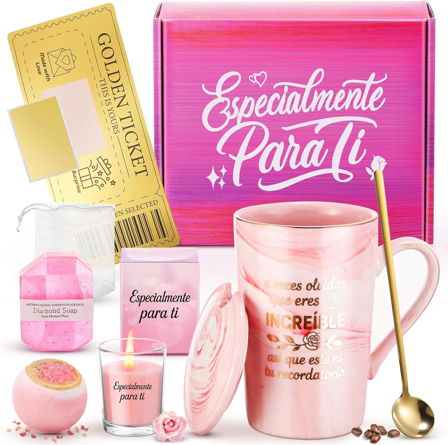 Caja con la taza rosa, la vela, la bomba de baño y el jabón
