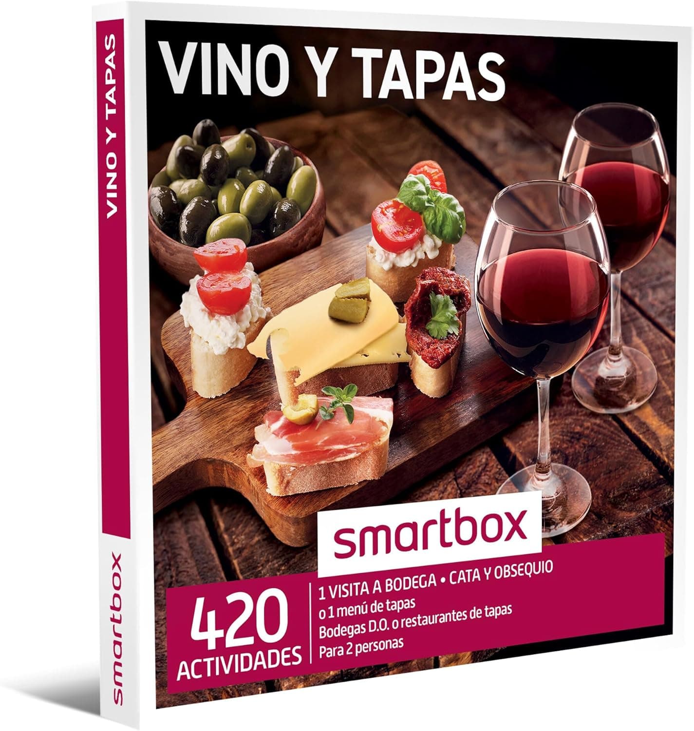 La caja granate de Smartbox «Vino y tapas», con una tabla de quesos, aceitunas y dos copas de vino en la portada