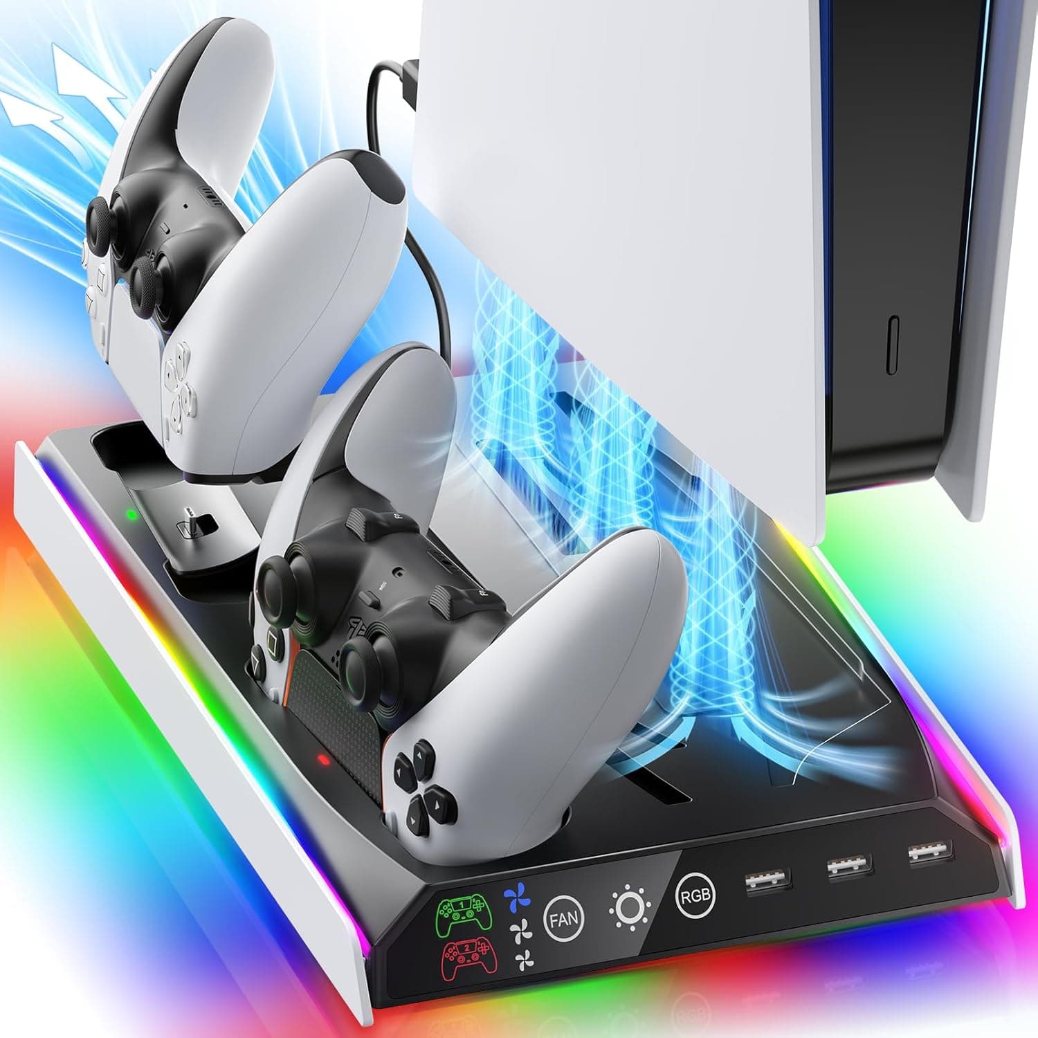 Soporte vertical para consola PS5 con ventilador de refrigeración RGB y base con carga para dos mandos y puertos USB